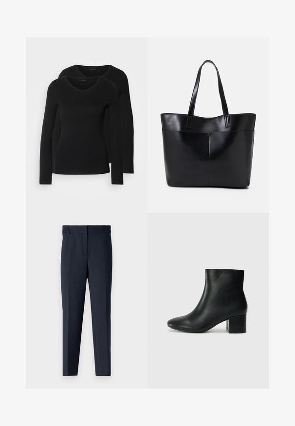 Kaksi mustaa pitkähihaista paitaa V-aukkolla, valmistettu pehmeästä ja joustavasta kankaasta, joka osoittaa sileää tekstuuria ja istuvaa muotoa.; Navy siniset suunnitteluhousut, joissa on sileä tekstuuri, muotoiltu malli, litteä etuosa ja suorat lahkeet. Ominaisuuksiin kuuluvat vyölenkit ja ei näkyviä taskuja.; Musta nahkasaappaat nilkkapituudella, jossa on terävä kärki ja paksu korko. Silkkinen pinta, jossa on minimaaliset yksityiskohdat ja tyylikäs, istuva muotoilu.; Musta nahkainen kassi, jossa on kaksi pitkää kahvaa, sileä pinta ja jämäkkä muoto. Sisältää etutaskun lisävarastointia varten.