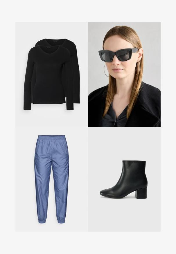 Deux chemises noires à manches longues avec un design en V, fabriquées en tissu doux et extensible, présentant une texture lisse et une silhouette ajustée.; Des pantalons de sport brillants, bleu clair, avec une ceinture élastique, des jambes fuselées et une poche cargo sur le côté ; fabriqués en tissu lisse et léger.; Bottines en cuir noir avec un bout pointu et un talon épais. Texture lisse avec des accents minimalistes et un design élégant et ajusté.; Des lunettes de soleil en forme de chat noir avec des verres foncés, des montures épaisses et des accents subtils. Portées avec un manteau noir et un haut gris, avec des cheveux longs et raides.