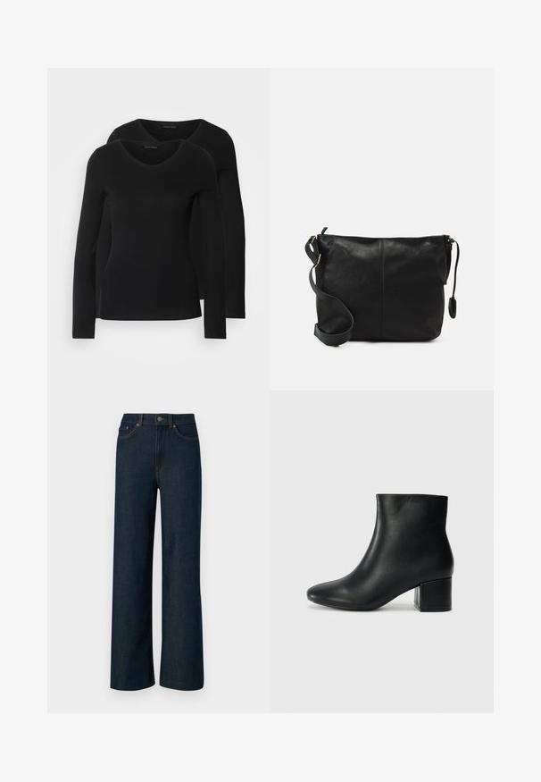 Du į juodas ilgomis rankovėmis marškiniai su V formos iškirpte, pagaminti iš minkštos, tamprios medžiagos, rodantys lygią tekstūrą ir prigludusią formą.; Platižandės tamsiai mėlynos džinsinės kelnės su kontrastinėmis oranžinėmis siūlėmis, penkiomis kišenėmis ir sagčių užsegimu. Lygaus tekstūruoto audinio.; Juodos odinės aulinės botai su smailiu priekiniu pirštu ir storu kulnu. Lygus tekstūra su minimaliomis detalėmis ir elegantišku, tvirtai priglundančiu dizainu.; Juodas odinis per petį nešiojamas krepšys plokščia forma, su auksiniais detalių akcentais ir reguliuojama juosta. Lygi tekstūra su minimaliais siuvimo elementais.