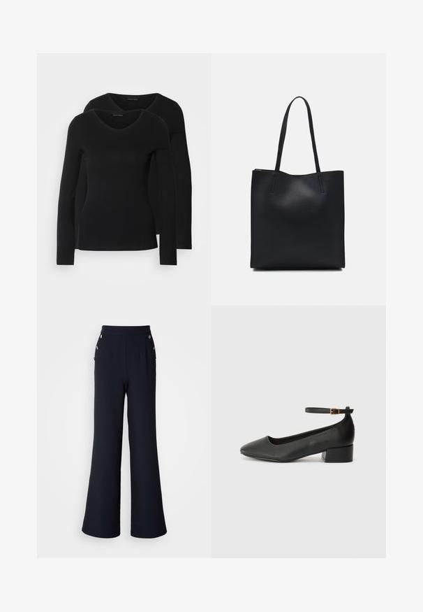 Twee zwarte longsleeve shirts met een V-hals ontwerp, gemaakt van zachte, rekbare stof, die een gladde textuur en een getailleerde vorm laten zien.; Marineblauwe wijde broek met een hoge tailleband, voorzien van gouden knoopaccenten en plooien aan de voorkant. Soepele textuur en op maat gemaakte pasvorm.; Zwarte leren pump met een spitse neus en een lage blokhak. Beschikt over een enkelband met een goudkleurige gespsluiting. Gladde textuur.; Zwarte leren handtas met een gladde textuur, rechthoekige vorm en twee lange handvaten. Geen zichtbare hardware of versieringen.