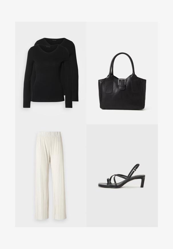 Dva crna majice dugih rukava s V-izrezom, izrađene od mekanog, rastezljivog materijala, s glatkom teksturom i prilagođenim oblikom.; Pareilne hlače širokog kroja u svijetlosmeđoj boji, s elastičnom gumom u struku. Izrađene od lagane tkanine s vertikalnom teksturom.; Crne sandale s trakama, kvadratnim prstom i niskom blok petom. Ima više tankih trakica i podesivu trakicu oko gležnja. Izrađene su od glatke kože.; Crna kožna torba za nošenje s glatkom teksturom, strukturiranim oblikom, dvije ručke i istaknutim srebrnim kopčanjem na prednjoj strani.