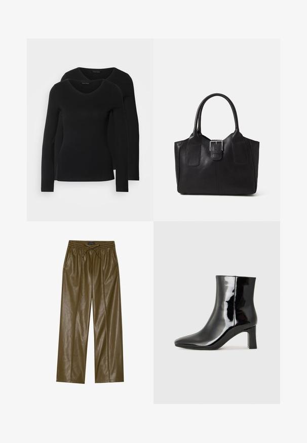 Two black long-sleeve shirts with a V-neck design, made of soft, stretchy fabric, showing smooth texture and a fitted shape.; Olive green faux leather wide-leg pants with an elastic waistband and adjustable drawstring. Features two side pockets and a smooth texture.; Black patent leather ankle boot with a pointed toe and a mid-height block heel. Smooth texture and minimalist design.; Black leather tote bag with smooth texture, structured shape, two handles, and a prominent silver buckle detail on the front.