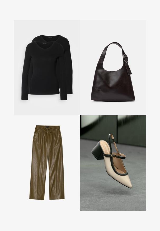 Două cămăși negre cu mâneci lungi și decolteu în V, fabricate dintr-un material moale și elastic, cu o textură netedă și o formă ajustată.; Pantaloni largi din piele ecologică verde măslin, cu talie elastică și șnur reglabil. Include două buzunare laterale și o textură netedă.; Pantof divers în nuanță bej, cu vârf ascuțit, curea de susținere în spate, cu margine neagră, cataramă aurie și toc gros pe un podea gri, cu un fundal verde închis.; Geantă de umăr din piele maro, cu o textură netedă, formă rotunjită, curea largă și un accent metallic circular pe mânere.