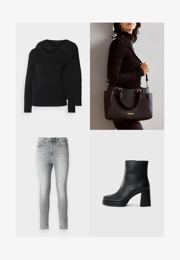 Dve črne majice z dolgimi rokavi in V-izrezom, narejene iz mehkega in raztegljivega materiala, ki prikazuje gladko teksturo in prilegnjeno obliko.; Sive usnjene skinny kavbojke z gladko teksturo, zasnovo s petimi žepi in z gumbom ter zadrgo v predelu pasu. Oblečene z zbledelim videzom po celotni dolžini.; Črne usnjene gležnjarje z blok peto in platformo, prikazane s strani na enobarvni beli podlagi.; Črna torbica z teksturirano površino, z dvema zgornjima ročajema in nastavljivim ramenskim pasom. Ima zlatovrateče dodatke in stranske žepe.