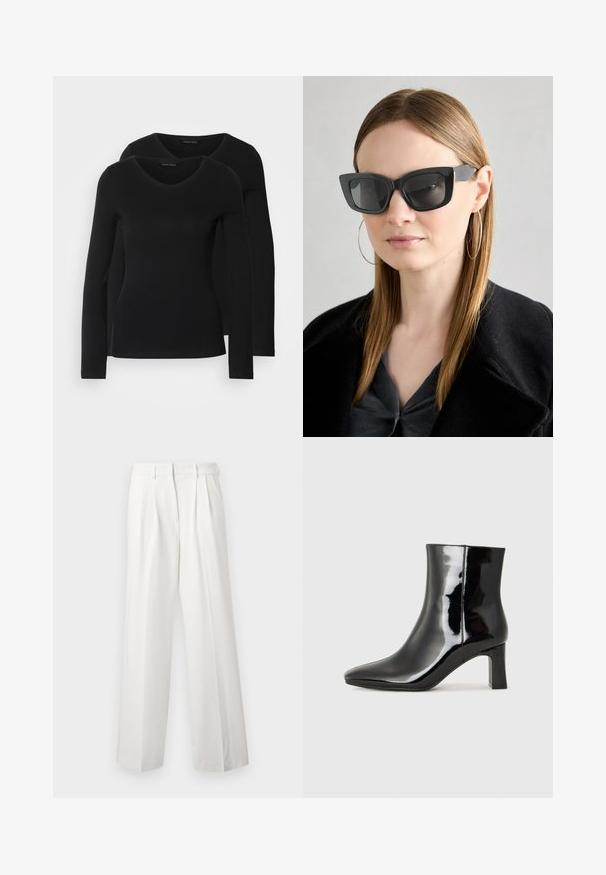 Due camicie a maniche lunghe nere con design a V, realizzate in tessuto morbido e elasticizzato, che mostrano una superficie liscia e una forma aderente.; Pantaloni bianchi plissettati con un design a gamba larga. Realizzati in tessuto liscio, presentano una vita rifinita e orli dritti e puliti.; Stivaletto in pelle verniciata nera con punta a punta e tacco a blocco di altezza media. Texture liscia e design minimalista.; Occhiali da sole a forma di occhio di gatto neri con lenti scure, montatura spessa e dettagli sottili. Indossati con un cappotto nero e una maglia grigia, con capelli lunghi e lisci.