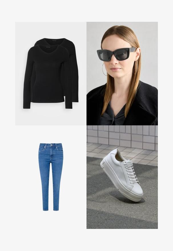 To svarte langermede skjorter med V-halsdesign, laget av mykt, elastisk stoff, viser jevn tekstur og en tettsittende fasong.; Slanke jeans i lys blå denim, med mid-rise midje, frontlommer og glidelås med enkel knappelukking. Glatt tekstur.; Hvite lær sneakers med lav toppdesign, flate lisser, avrundet tå og teksturerte sider. Tykk gummisåle med subtile detaljer.; Sorte katteøyne solbriller med mørke linser, tykke rammer og subtile detaljer. Båret med en svart frakk og grå topp, med langt, rett hår.