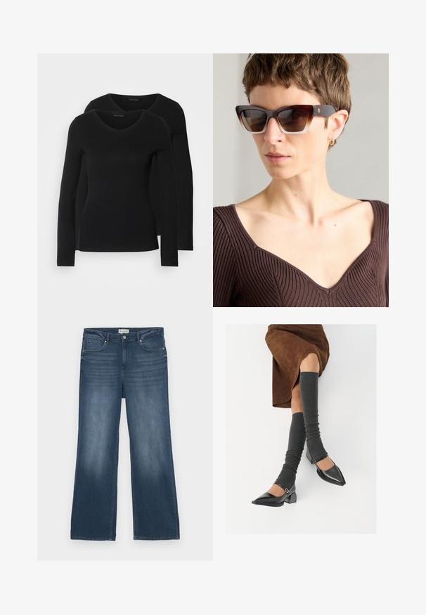 Duas camisetas pretas de manga longa com design em V, feitas de um tecido macio e elástico, apresentando uma textura suave e um formato ajustado.; Jeans de ganga azul escuro, corte largo, design de cinco bolsos, desbotamento discreto na frente, fecho com botão e zíper, estilo clássico com detalhamento mínimo.; Sapatos pretos de pele lacada com biqueira pontuda, salto bloco e tiras no tornozelo, combinados com caneleiras cinzas em malha e uma saia de camurça castanha.; Óculos de sol castanhos em forma de gato com lentes degradê, uma armação espessa em padrão tartaruga e hastes escuras contrastantes com um detalhe discreto do logótipo.; Anéis de resina clara e âmbar, um liso e transparente, o outro com um acabamento texturizado em âmbar. Ambos apresentam designs arredondados e robustos.