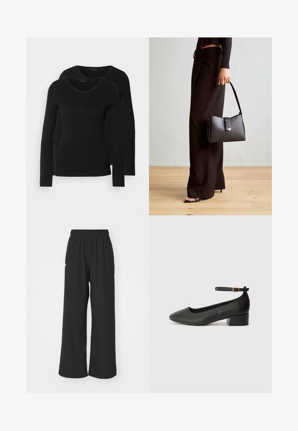 Divi melni krekli ar garām piedurknēm un V-veida kakla izgriezumu, izgatavoti no mīksta, elastīga auduma, ar gludu tekstūru un pieguļošu formas.; Melnas plašās bikses ar elastīgu jostu, izgatavotas no gludas auduma, ar minimālu dekoru un mazu logo sānos.; Melnas ādas sūkņi ar smailu purngalu un zemu bloku papēdi. Iezīmēts ar potītes siksniņu ar zelta krāsas sprādzi. Gluda tekstūra.; Melnā somiņa ar strukturētu formu, gludu tekstūru un metālu sprādzi. Saskaņota ar platām melnām biksēm un sandālēm ar atvērtu purngalu uz koka grīdas.