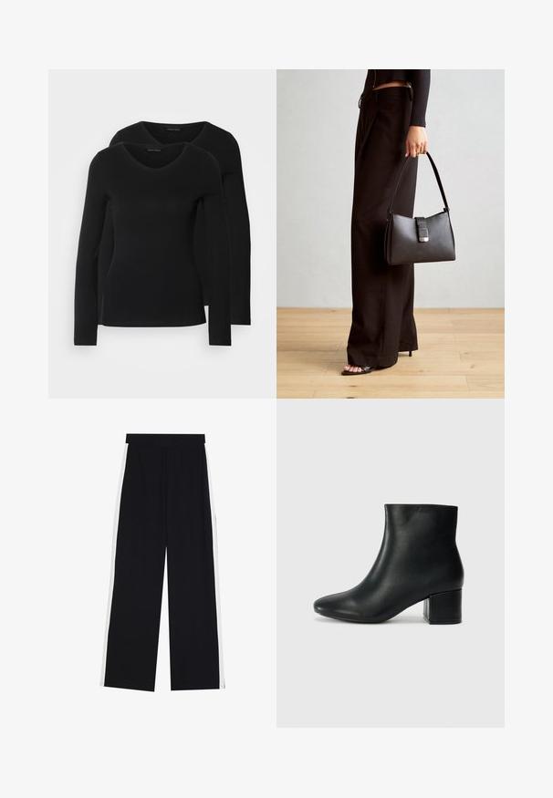 Kaks musta pika varrukaga särk, millel on V-kaelus ja mis on valmistatud pehmest ja venivast kangast, millel on sile tekstuur ja sobiv kuju.; Mustad püksid mustast kangast valgete külgtriipudega. Omavad elastset vööd ja siledat tekstuuri, mis on loodud mugavuseks ja liikuvuseks.; Mustad nahast pahkluu saapad terava varbaga ja jämeda kandaga. Sile tekstuur minimaalse aktsentidega ja stiilne, lihvitud disain.; Must musta kott, millel on struktureeritud kuju, sile tekstuur ja metallist klamber. Kombineeritud laiate mustade pükstega ja avatud varvaste sandaalidega puidust põrandal.