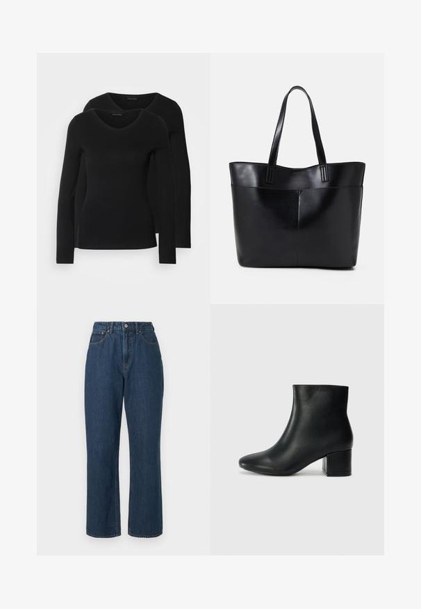 Twee zwarte longsleeve shirts met een V-hals ontwerp, gemaakt van zachte, rekbare stof, die een gladde textuur en een getailleerde vorm laten zien.; Blauwe denim jeans met een hoge taille, wijdlopende pijpen, zichtbare stiksels en een enkele sluiting met een knoop aan de voorkant. Geweven stof met een gladde afwerking.; Zwarte leren enkellaarzen met een spitse neus en een chunky hak. Gladde textuur met minimale accenten en een slank, strakk ontwerp.; Zwarte leren tote bag met twee lange handvatten, een zachte textuur en een gestructureerde vorm. Voorzien van een voorvak voor extra opslagruimte.
