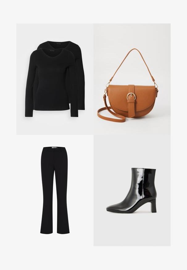 Du į juodas ilgomis rankovėmis marškiniai su V formos iškirpte, pagaminti iš minkštos, tamprios medžiagos, rodantys lygią tekstūrą ir prigludusią formą.; Juodos plačios kelnės, pagamintos iš lygaus audinio, su prigludusia juosmens dalimi ir švariu priekiniu dizainu be kišenių.; Juodos lakuotos odinės aulinukės su smailiu pirštu ir vidutinio aukščio blokuotu kulnu. Lygus paviršius ir minimalistinis dizainas.; Ruda odinė kryžminė rankinė, turinti kreivą formą, auksinius metalinius elementus ir sagtį. Yra nuimama petneša.