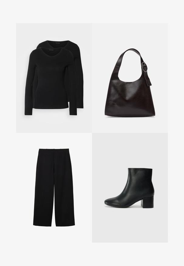 Two black long-sleeve shirts with a V-neck design, made of soft, stretchy fabric, showing smooth texture and a fitted shape.; Black wide-leg trousers made of a textured fabric with a high waist, featuring front pleats and a clean design. No visible pockets or hardware.; Black leather ankle boots with a pointed toe and a chunky heel. Smooth texture with minimal accents and a sleek, fitted design.; Brown leather shoulder bag with a smooth texture, rounded shape, wide strap, and circular metallic accent on the handle.