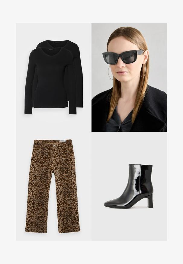 Twee zwarte longsleeve shirts met een V-hals ontwerp, gemaakt van zachte, rekbare stof, die een gladde textuur en een getailleerde vorm laten zien.; Panterprint broek met een bruin en zwart patroon, rechte pijpen en klassieke vijf-pocket styling. Gemaakt van een katoenen mix.; Zwarte gepolijste leren enkellaars met een spitse neus en een blokhak van gemiddelde hoogte. Glad textuur en minimalistisch ontwerp.; Zwarte cat-eye zonnebril met donkere lenzen, dikke monturen en subtiele accenten. Draagt een zwarte jas en een grijze top, met lang stijl haar.