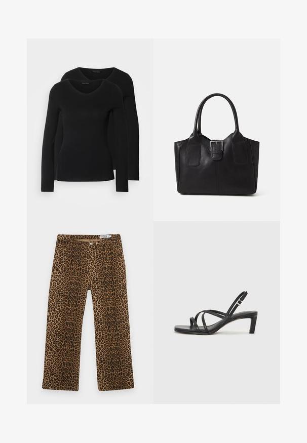 Zwei schwarze Langarmshirts mit V-Ausschnitt, aus weichem, dehnbarem Stoff, der eine glatte Textur und eine figurbetonte Passform zeigt.; Leopardenmuster-Hose mit einem braunen und schwarzen Muster, geradem Bein und klassischem Fünf-Taschen-Design. Hergestellt aus einem Baumwoll-Mischgewebe.; Schwarze Sandale mit Riemchen, quadratischer Zehenform und niedrigem Blockabsatz. Verfügt über mehrere dünne Riemen und einen verstellbaren Knöchelriemen. Hergestellt aus glattem Leder.; Schwarze Leder-Tote mit glatter Textur, strukturiertem Design, zwei Griffen und einem auffälligen silbernen Schnallen-Detail auf der Vorderseite.