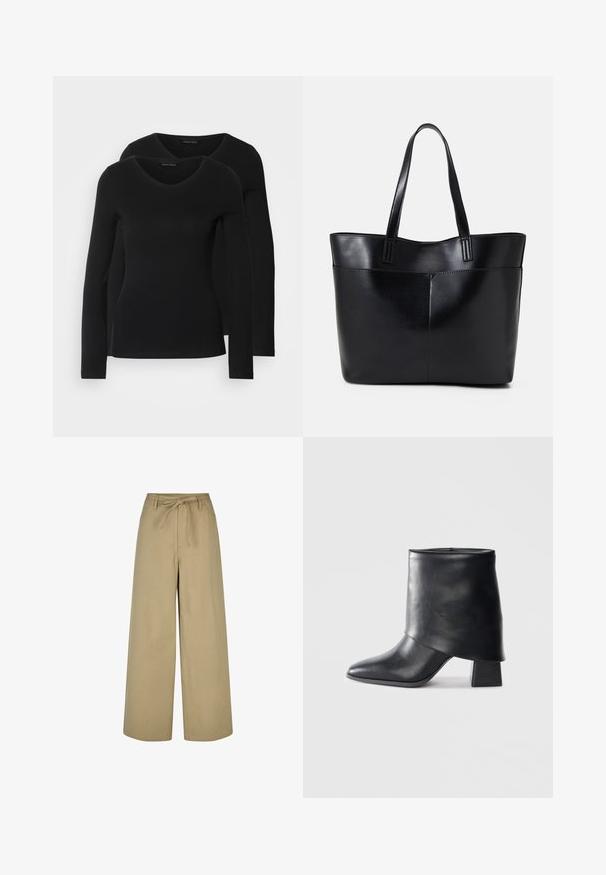 Due camicie a maniche lunghe nere con design a V, realizzate in tessuto morbido e elasticizzato, che mostrano una superficie liscia e una forma aderente.; Pantaloni beige a gamba larga con vita alta, lacci da annodare e due tasche laterali, realizzati in un tessuto leggero e morbido.; Stivale in pelle nera alla caviglia con punta affusolata, texture liscia e tacco a blocco strutturato. Presenta un design con risvolto alto.; Borsa a tracolla in pelle nera con due manici lunghi, una texture liscia e una forma strutturata. Presenta una tasca frontale per ulteriore spazio di archiviazione.