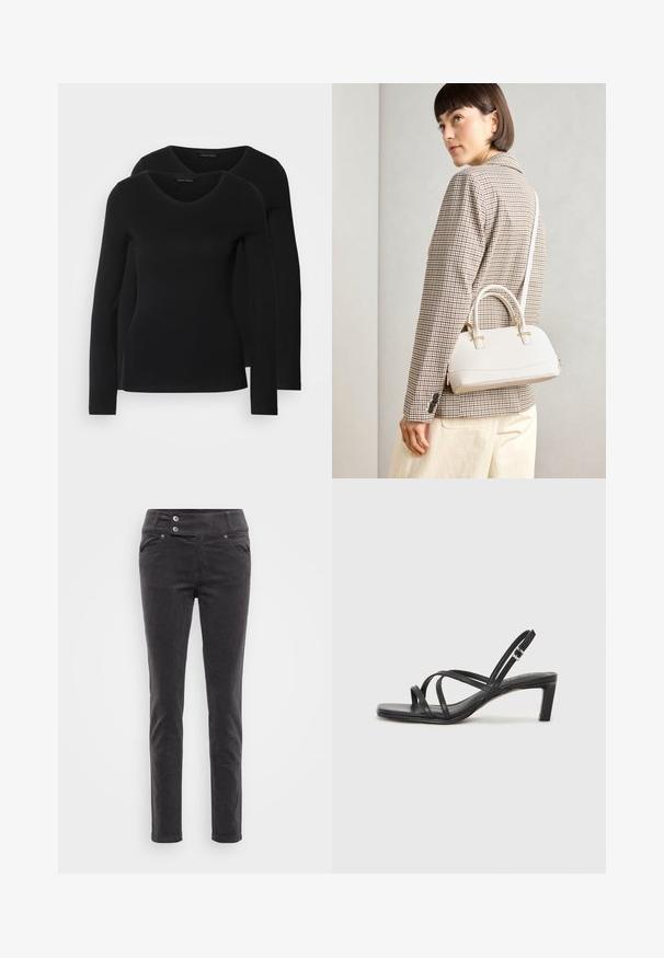 Two black long-sleeve shirts with a V-neck design, made of soft, stretchy fabric, showing smooth texture and a fitted shape.; Black corduroy slim-fit pants with a smooth texture, featuring a double-button waistband and front pockets. Classic design for versatile wear.; Black strappy sandal with a square toe and a low block heel. Features multiple thin straps and an adjustable ankle strap. Made of smooth leather.; White structured handbag with short handles and a shoulder strap, featuring gold hardware accents and textured material, displayed against a grey background.