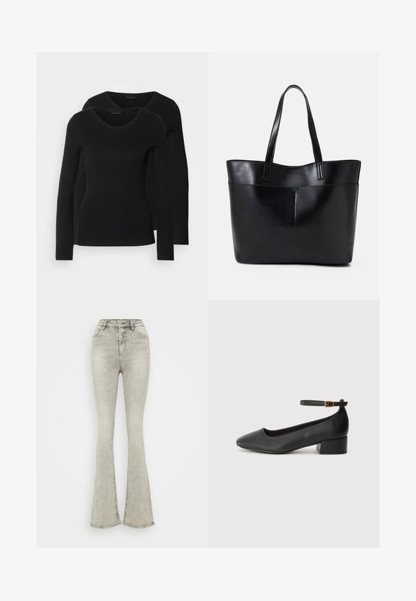 To svarte langermede skjorter med V-halsdesign, laget av mykt, elastisk stoff, viser jevn tekstur og en tettsittende fasong.; Lysegrå vide jeans med høy midje, laget av denim, med glidelåsfront og subtil søm langs sømmene.; Sorte skinnpumper med spiss tå og lav blokkhelt. Har ankelrem med gullfarget spenne. Glatt tekstur.; Svart lær toteveske med to lange håndtak, en glatt tekstur og en strukturert form. Har en frontlomme for ekstra oppbevaring.