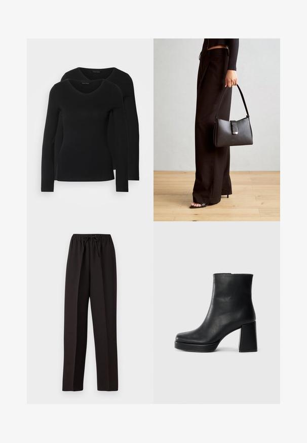 Dwie czarne koszule z długim rękawem o designie w kształcie litery V, wykonane z miękkiego, elastycznego materiału, o gładkiej teksturze i dopasowanym kroju.; Czarne szerokie spodnie z elastycznym pasem i regulowanym sznurkiem. Wykonane z gładkiego, lekkiego materiału bez widocznych wzorów.; Czarne skórzane botki za kostkę z blokowym obcasem i platformą, widok z boku na białym tle.; Czarna torebka o usztywnionym kształcie, gładkiej fakturze i metalowym zapięciem. Połączona z szerokimi czarnymi spodniami i sandałami na otwartym palcu na drewnianej podłodze.
