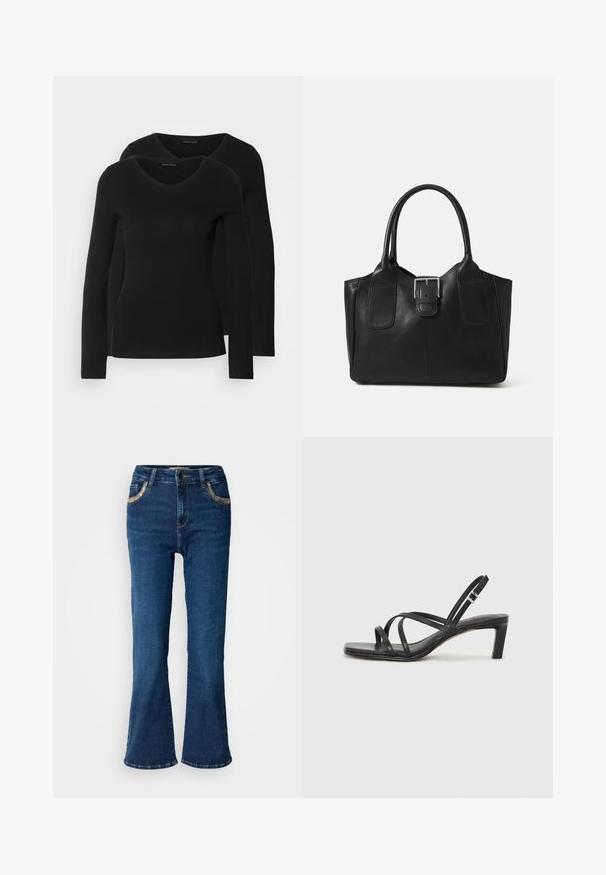 To svarte langermede skjorter med V-halsdesign, laget av mykt, elastisk stoff, viser jevn tekstur og en tettsittende fasong.; Mørkeblå vide jeans med en glat denim tekstur, kontrasterende gyldne stikninger og forlommer. Klassisk fem-lomme design.; Sorte sandaler med stropper, firkantet tå og lav blokk hæl. Har flere tynne stropper og en justerbar ankelstropp. Laget av glatt lær.; Svart skinn toteveske med jevn tekstur, strukturert form, to håndtak og en fremtredende sølvspenne foran.