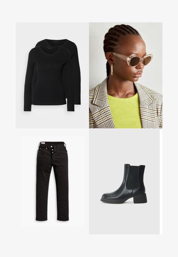 Duas camisetas pretas de manga longa com design em V, feitas de um tecido macio e elástico, apresentando uma textura suave e um formato ajustado.; Jeans pretos de perna reta com fecho de botão, bolsos frontais e traseiros, e detalhes em rebites de cobre sobre um fundo branco.; Bota de tornozelo em couro preto com painéis laterais elásticos, bico arredondado e um pequeno salto bloco. A superfície tem uma textura suave e um detalhamento mínimo.; Óculos de sol estilo cat-eye claros com lentes castanhas e armação transparente. Modelo a usar uma blusa verde com nervuras e um blazer de tecido xadrez. Brincos em forma de argola dourados.; Even&Odd Mala de mão - beige