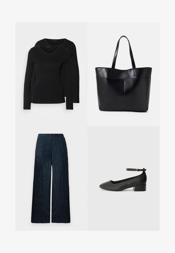 Zwei schwarze Langarmshirts mit V-Ausschnitt, aus weichem, dehnbarem Stoff, der eine glatte Textur und eine figurbetonte Passform zeigt.; Weite Beinform in dunkelblau mit strukturiertem, zerknittertem Stoff. Verfügt über einen elastischen Bund für Komfort und eine glatte Oberfläche.; Schwarze Lederpumps mit spitzem Zehenbereich und niedrigem Blockabsatz. Mit einem Knöchelriemen und einer goldfarbenen Schnalle. Glatte Textur.; Schwarze Leder-Shopper-Tasche mit zwei langen Griffen, einer glatten Textur und einer strukturierten Form. Verfügt über eine Vordertasche für zusätzlichen Stauraum.