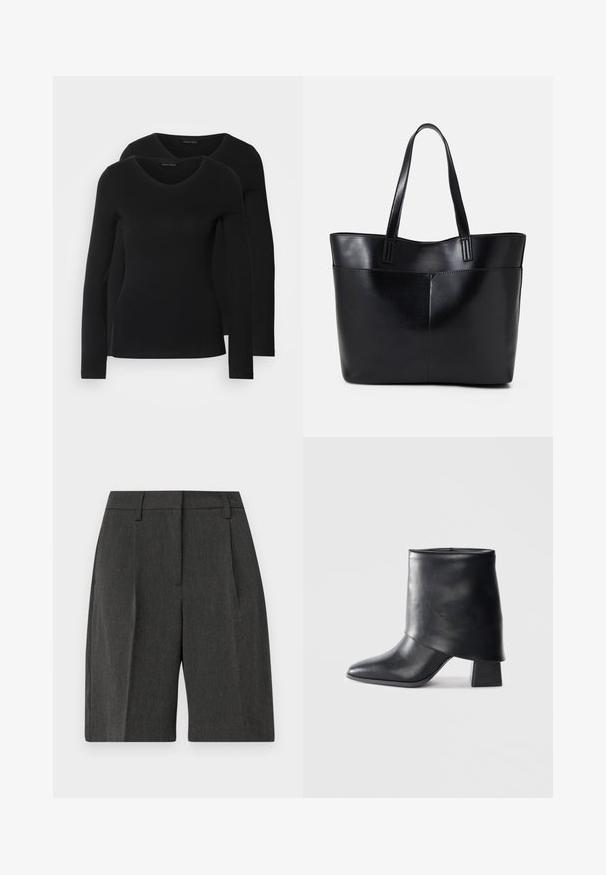 Divi melni krekli ar garām piedurknēm un V-veida kakla izgriezumu, izgatavoti no mīksta, elastīga auduma, ar gludu tekstūru un pieguļošu formas.; Vero Moda VMMAYA SHORTS - Šorti - dark grey; Melnas ādas potītes zābaki ar norādītu purngalu, gludu tekstūru un strukturētu blokveida papēdi. Iezīmē augstu, salocītu apkakles dizainu.; Melnas ādas iepirkumu soma ar divām garām rokturām, gludu tekstūru un strukturētu formu. Iekļauj priekšējo kabatu papildu uzglabāšanai.