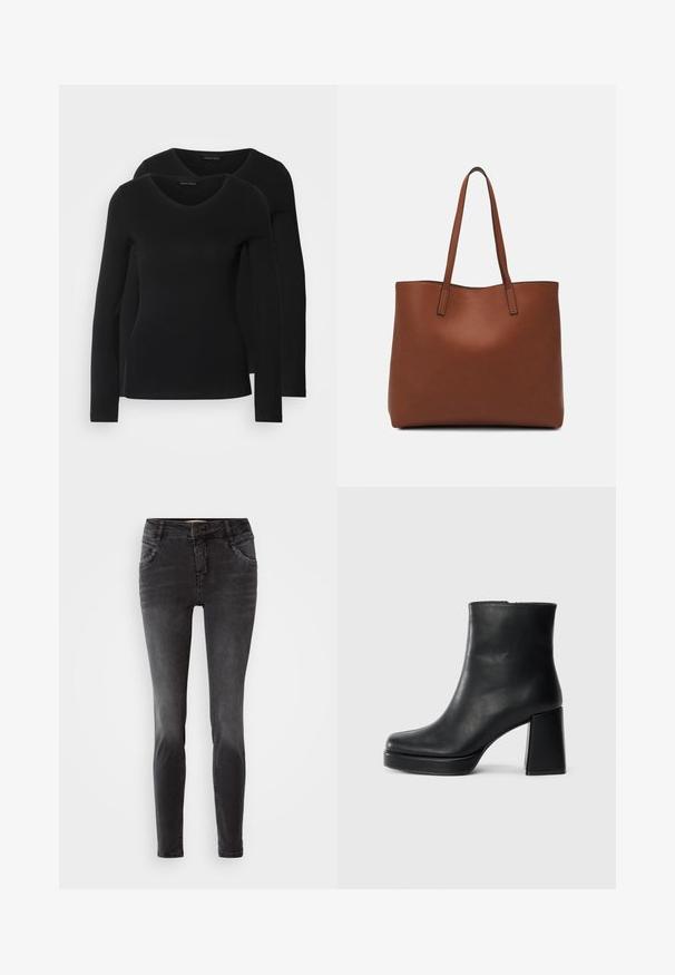 Kaksi mustaa pitkähihaista paitaa V-aukkolla, valmistettu pehmeästä ja joustavasta kankaasta, joka osoittaa sileää tekstuuria ja istuvaa muotoa.; Mustat skinny-farkut, jotka on valmistettu denimistä, etuläppäkiinnityksellä, taskuissa niittiyksityiskohtia ja sileällä pinnalla.; Musta nahkasaapas nilkkapituisena, jossa on paksu korko ja alustapohja, nähtynä sivulta yksinkertaisella valkoisella taustalla.; Ruskea nahkainen olkalaukku, jossa on sileä pinta, avoin yläosa ja kaksi olkahihnaa. Omaavat vain minimaalisen ompelun eikä näkyvää metalliosaa.