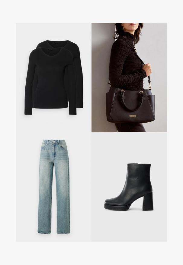 To svarte langermede skjorter med V-halsdesign, laget av mykt, elastisk stoff, viser jevn tekstur og en tettsittende fasong.; Copenhagen Muse JEANNE PANTS - Jeans relaxed fit - medium dirty washed denim; Sorte skinnankelsko med blokkhæl og plattformsåle, sett fra siden på en enkel hvit bakgrunn.; Svart håndveske med teksturert overflate, doble topphåndtak og justerbar skulderrem. Har detaljer i gulltone og sidelommer.