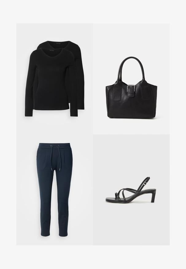 Két fekete, hosszú ujjú póló V nyakkal, puha, rugalmas anyagból, sima textúrával és testhezálló fazonnal.; Sötétkék, puha anyagból készült jogging nadrág, elasztikus derékpánttal és húzózsinórral, két oldalzsebbel és karcsúsított szabással.; Fekete pántos szandál négyzetes orral és alacsony blokk sarkal. Több vékony pánttal és állítható boka pánttal rendelkezik. Sima bőrből készült.; Fekete bőr bevásárlótáska sima textúrával, strukturált formával, két fogantyúval és egy figyelemfelkeltő ezüst csattal az elején.