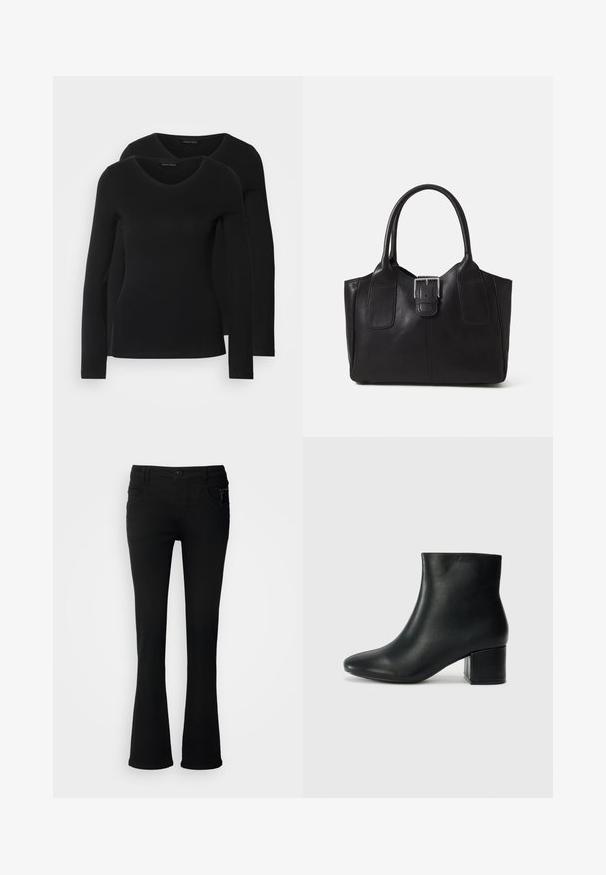 Du į juodas ilgomis rankovėmis marškiniai su V formos iškirpte, pagaminti iš minkštos, tamprios medžiagos, rodantys lygią tekstūrą ir prigludusią formą.; Juodos prailgintos džinsinės kelnės, pasiūtos iš džinsinio audinio, turinčios sagčių užsegimą, dvi priekinės kišenes ir užtrauktuko detalę dešinėje kišenėje.; Juodos odinės aulinės botai su smailiu priekiniu pirštu ir storu kulnu. Lygus tekstūra su minimaliomis detalėmis ir elegantišku, tvirtai priglundančiu dizainu.; Juodas odinis nešiojamas krepšys su lygiu paviršiumi, struktūrine forma, dviem rankenėlėmis ir ryškiu sidabriniu sagties akcentu priekyje.