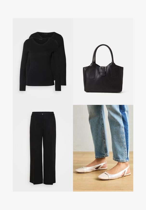 Dvoje čiernych košieľ s dlhým rukávom a výstrihom do V, vyrobených z mäkkej a elastickej látky, s jemnou textúrou a priliehavým strihom.; Čierne široké nohavice s hladkým povrchom, so zapínaním na gombík, prešitým pásom a bez viditeľných vzorov alebo akcentov.; Svetloružové slingback baleríny s jemne špicatou špičkou, vyrobené z hladkého materiálu pripomínajúceho kožu. Majú výrezové detaily na stranách a plochý opätok.; Čierna kožená taška s hladkou textúrou, štruktúrovaným tvarom, dvoma uchami a výrazným strieborným prackovým detailom na prednej strane.