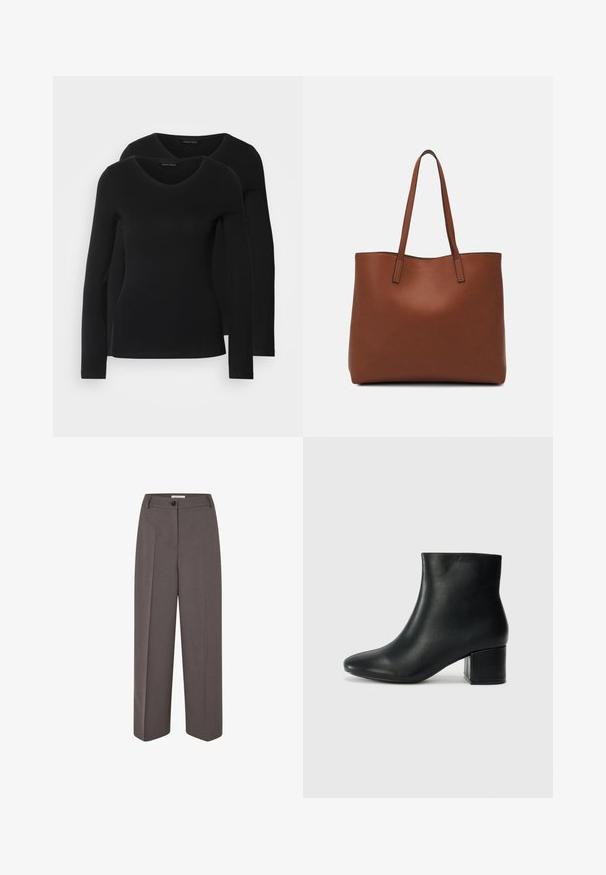 Deux chemises noires à manches longues avec un design en V, fabriquées en tissu doux et extensible, présentant une texture lisse et une silhouette ajustée.; Pantalons marron taille haute à jambes larges, avec des plis avant, passants de ceinture, fermeture à bouton et une texture de tissu lisse.; Bottines en cuir noir avec un bout pointu et un talon épais. Texture lisse avec des accents minimalistes et un design élégant et ajusté.; Sac fourre-tout en cuir marron avec une texture lisse, design à ouverture supérieure et deux poignées pour le porter à l'épaule. Présente des coutures minimales et aucun matériel visible.