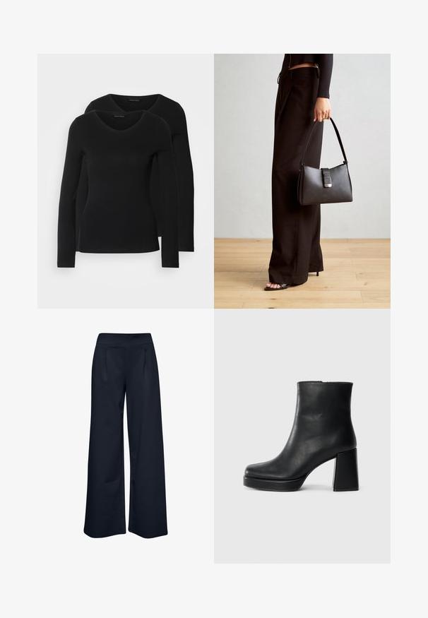 Deux chemises noires à manches longues avec un design en V, fabriquées en tissu doux et extensible, présentant une texture lisse et une silhouette ajustée.; Pantalons à jambes larges en tissu extensible bleu marine, dotés d'une taille lisse et de deux poches avant, avec une coupe décontractée et un design longueur complète.; Bottine en cuir noir avec un talon bloc et une semelle plateforme, vue de côté sur un fond blanc uni.; Sac à main noir à la forme structurée, texture lisse et fermoir métallique. Associé à un pantalon noir ample et des sandales ouvertes sur un sol en bois.