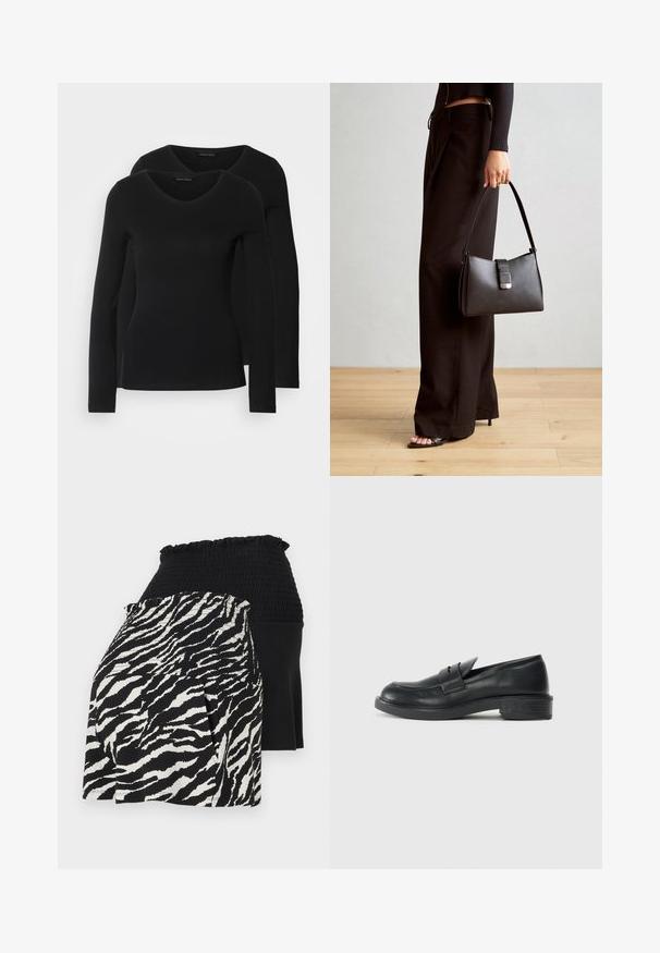 Dve črne majice z dolgimi rokavi in V-izrezom, narejene iz mehkega in raztegljivega materiala, ki prikazuje gladko teksturo in prilegnjeno obliko.; Črno-bela slojevita kratka hlača z elastiko v pasu, ena stran z zebrastega vzorca, druga pa iz enobarvnega črnega blaga.; Črne usnjene loafer čevlje z zaobljenim nosom, šivanim detajlom in majhnim peto. Gladka tekstura in fleksibilen gumijast podplat.; Črna torbica z strukturirano obliko, gladko teksturo in kovinskim zaponko. Ujemajo se z širokimi črnimi hlačami in odprtimi sandali na lesenem tleh.
