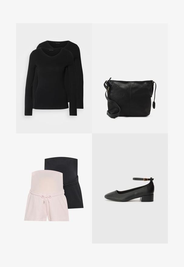 To svarte langermede skjorter med V-halsdesign, laget av mykt, elastisk stoff, viser jevn tekstur og en tettsittende fasong.; To par med graviditetsshorts: en rosa og en svart. Begge har elastisk livlinning og snor for justerbar passform.; Sorte skinnpumper med spiss tå og lav blokkhelt. Har ankelrem med gullfarget spenne. Glatt tekstur.; Svart skinn crossover-veske med flat form, gullfarge detaljer og justerbar stropp. Glatt tekstur med minimale sømmer.