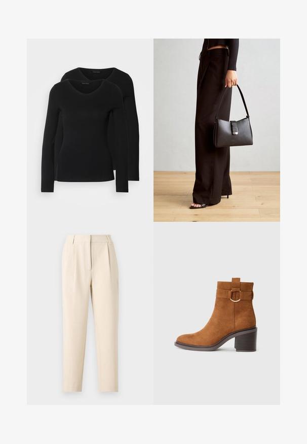 Dva crna majice dugih rukava s V-izrezom, izrađene od mekanog, rastezljivog materijala, s glatkom teksturom i prilagođenim oblikom.; Bež hlače s ravnim krojem, s nabranim dijelom sprijeda i glatkim završetkom. Tkanina izgleda lagano i teksturirano.; Smeđa antilop čizma do gležnjeva s okruglim vrhom, blok potpeticom i dekorativnom trakom s detaljem kružne kopče.; Crna torba s oblikom koji sadrži strukturu, glađu teksturu i metalnu kopču. Uparena s širokim crnim hlačama i sandalama na otvorenom s drvenog poda.