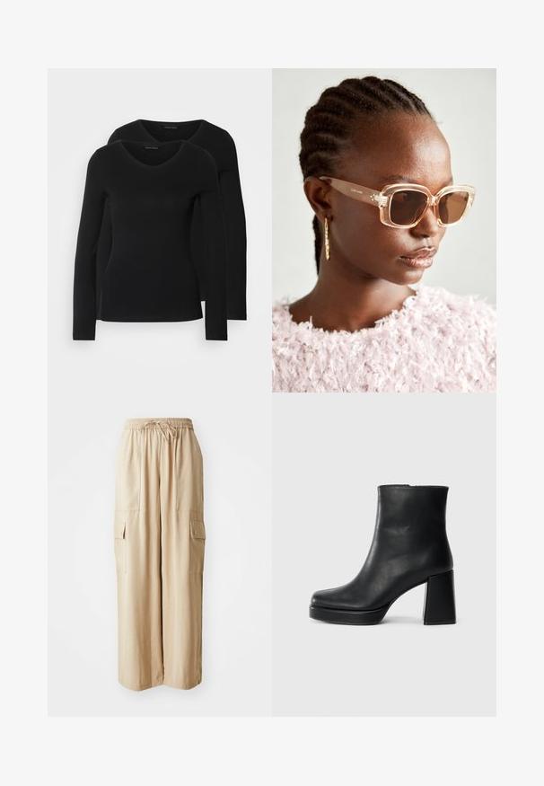 Dwie czarne koszule z długim rękawem o designie w kształcie litery V, wykonane z miękkiego, elastycznego materiału, o gładkiej teksturze i dopasowanym kroju.; Beżowe spodnie typu cargo z szerokimi nogawkami, wykonane z lekkiego materiału. Posiadają elastyczny pas, sznurek oraz boczne kieszenie z klapkami.; Czarne skórzane botki za kostkę z blokowym obcasem i platformą, widok z boku na białym tle.; Beżowe, oversize'owe okulary przeciwsłoneczne z przezroczystą oprawą i brązowymi soczewkami, z delikatnymi akcentami kwiatowymi oraz odważnym, geometrycznym wzornictwem.