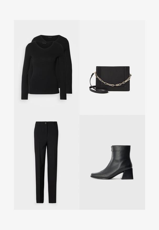 Deux chemises noires à manches longues avec un design en V, fabriquées en tissu doux et extensible, présentant une texture lisse et une silhouette ajustée.; Pantalon noir ajusté avec une coupe droite, doté d'une fermeture à bouton et de passants de ceinture, fabriqué en tissu lisse.; Bottine en cuir noir avec un bout carré, fermeture éclair sur le côté et talon bloc sur fond clair uni.; Sac bandoulière en cuir noir avec une texture lisse, de forme rectangulaire et un détail en chaîne métallique à l'avant. Sangle réglable incluse.