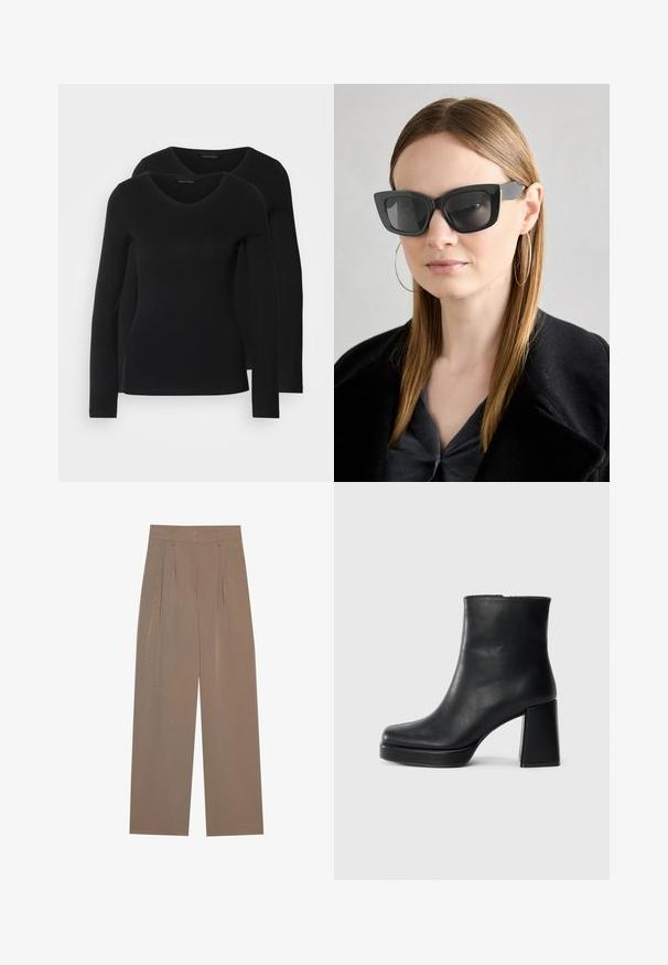 To svarte langermede skjorter med V-halsdesign, laget av mykt, elastisk stoff, viser jevn tekstur og en tettsittende fasong.; Brune plis bukser med en vid ben design, med en flad talje og sidelommer, lavet af et letvægtsstof.; Sorte skinnankelsko med blokkhæl og plattformsåle, sett fra siden på en enkel hvit bakgrunn.; Sorte katteøyne solbriller med mørke linser, tykke rammer og subtile detaljer. Båret med en svart frakk og grå topp, med langt, rett hår.