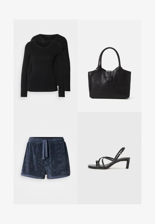 Deux chemises noires à manches longues avec un design en V, fabriquées en tissu doux et extensible, présentant une texture lisse et une silhouette ajustée.; Shorts en tissu éponge bleu marine avec une taille élastique, un cordon de serrage réglable et un petit logo brodé sur le côté. Texture douce.; Sandale noire à lanières avec un bout carré et un petit talon bloc. Elle présente plusieurs fines lanières et une sangle de cheville ajustable. Fabriquée en cuir lisse.; Sac fourre-tout en cuir noir avec une texture lisse, une forme structurée, deux poignées et un détail en boucle argentée proéminent à l'avant.