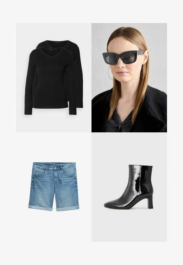 Kaksi mustaa pitkähihaista paitaa V-aukkolla, valmistettu pehmeästä ja joustavasta kankaasta, joka osoittaa sileää tekstuuria ja istuvaa muotoa.; Vaaleansiniset farkkushortsit, joissa on kulutettu pinta, kääntölahkeet, viisi taskua ja metallinen napitus vyötäröllä.; Musta patenttilakattu nilkkuri, jossa on terävä kärki ja keskipitkä lohkarekorko. Silkkinen pinta ja minimalistinen muotoilu.; Mustan kissakuvioisen aurinkolasit tummilla linsseillä, paksuilla kehyksillä ja hillityillä yksityiskohdilla. Yhdistetty mustaan takkiin ja harmaaseen paitoihin, joissa on pitkät suorat hiukset.