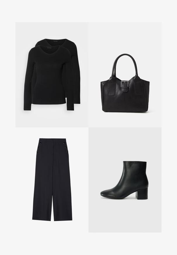 Kaksi mustaa pitkähihaista paitaa V-aukkolla, valmistettu pehmeästä ja joustavasta kankaasta, joka osoittaa sileää tekstuuria ja istuvaa muotoa.; Avokkaat housut tummansinisestä kankaasta, joissa on sileä texture, etu laskokset ja koristeelliset kultasävyiset nauhat sivutaskuissa.; Musta nahkasaappaat nilkkapituudella, jossa on terävä kärki ja paksu korko. Silkkinen pinta, jossa on minimaaliset yksityiskohdat ja tyylikäs, istuva muotoilu.; Musta nahkainen olkalaukku, jossa on sileä pinta, ryhdikäs muoto, kaksi kahvaa ja silmienpistävä hopeinen solkiyksityiskohta edessä.