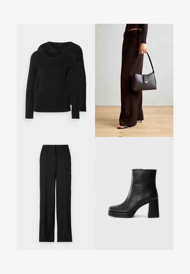 Δύο μαύρα πουκάμισα με μακριά μανίκια και σχέδιο V-λαιμό, φτιαγμένα από μαλακό και ελαστικό ύφασμα, εμφανίζοντας λεία υφή και εφαρμοστή γραμμή.; Μαύρο παντελόνι με ίσια γραμμή, χαρακτηρισμένο από δύο πλαϊνές πτυχές μπροστά, μέση και χωρίς ορατές τσέπες ή διακοσμητικά στοιχεία.; Μαύρη δερμάτινη μποτάκι στον αστράγαλο με τετράγωνο τακούνι και πλατφόρμα, απεικονισμένο από το πλάι σε λευκό φόντο.; Μαύρη τσάντα χειρός με δομημένο σχήμα, λεία υφή και μεταλλικό κούμπωμα. Συνδυασμένη με φαρδιά μαύρα παντελόνια και σανδάλια ανοιχτής μύτης πάνω σε ξύλινο πάτωμα.