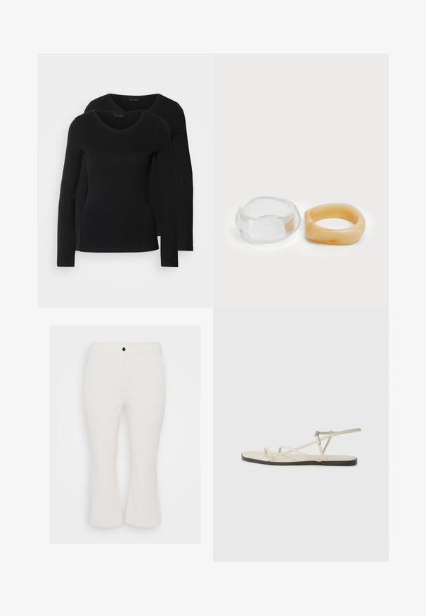 Kaksi mustaa pitkähihaista paitaa V-aukkolla, valmistettu pehmeästä ja joustavasta kankaasta, joka osoittaa sileää tekstuuria ja istuvaa muotoa.; Valkoiset lyhyet housut, jotka on valmistettu puuvillasekoitteesta, etupainonappikiinnityksellä, vyölenkeillä ja suoralla lahkeiden muotoilulla. Sileä pinta, rento tyyli.; Beige litte sandaalit, joissa on useita hoikkia hihnoja ja säädettävä solki. Pohja on litteä, ja reunassa on kevyt tumma kontrasti.; Selkeä ja meripihkaiset hartsi-renkaat, yksi sileä ja läpinäkyvä, toinen teksturoitu, meripihkan värinen. Molemmat esittelevät pyöristettyjä, massiivisia muotoja.