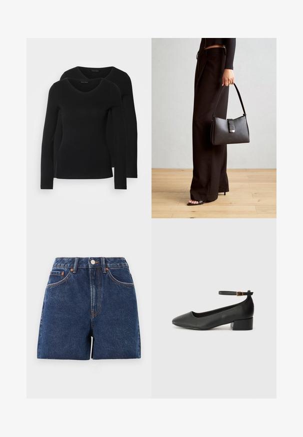 Du į juodas ilgomis rankovėmis marškiniai su V formos iškirpte, pagaminti iš minkštos, tamprios medžiagos, rodantys lygią tekstūrą ir prigludusią formą.; Tamsiai mėlyni džinsiniai šortai su aukštu juosmeniu, penkiais kišenėmis, variniu aparatūra ir kontrastingomis siūlėmis. Neapdirbtas kraštas suteikia tekstūros.; Juodas odinis aukštakulnis batelis su smailiu pirštu ir žemu bloku. Su kulkšnies dirželiu su auksinės spalvos sagtimi. Lygus paviršius.; Juodas rankinė struktūrizuota forma, lygi tekstūra ir metalinis užsegimas. Suporuota su plačiomis juodomis kelnėmis ir atvirais bateliais ant medinių grindų.