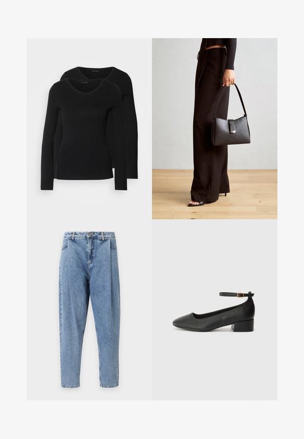 Δύο μαύρα πουκάμισα με μακριά μανίκια και σχέδιο V-λαιμό, φτιαγμένα από μαλακό και ελαστικό ύφασμα, εμφανίζοντας λεία υφή και εφαρμοστή γραμμή.; Ανοιχτό μπλε τζιν παντελόνι με ψηλή μέση, πιέτες μπροστά, μακριές σκέψεις και κλασικό σχέδιο πέντε τσέπες με ορατές ραφές.; Μαύρο δερμάτινο τακούνι με μυτερή μύτη και χαμηλό τετράγωνο τακούνι. Διαθέτει λουράκι στον αστράγαλο με χρυσό τόνο πόρπη. Λείο υφή.; Μαύρη τσάντα χειρός με δομημένο σχήμα, λεία υφή και μεταλλικό κούμπωμα. Συνδυασμένη με φαρδιά μαύρα παντελόνια και σανδάλια ανοιχτής μύτης πάνω σε ξύλινο πάτωμα.