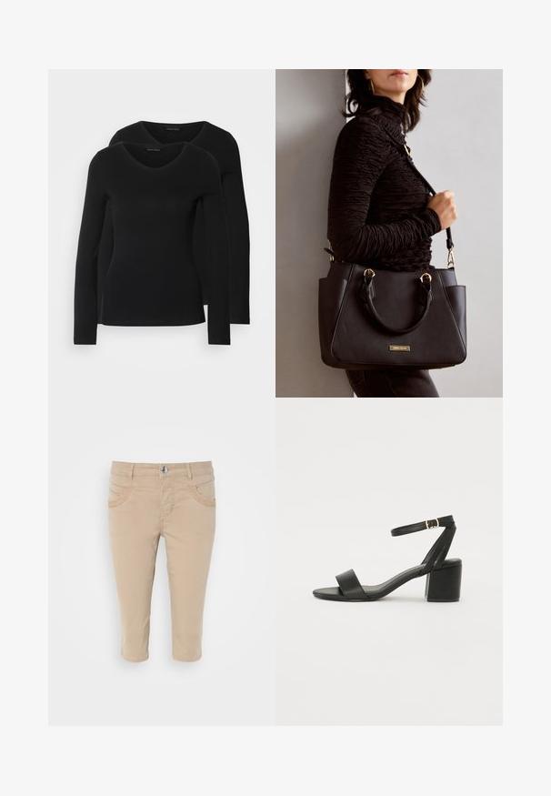 Două cămăși negre cu mâneci lungi și decolteu în V, fabricate dintr-un material moale și elastic, cu o textură netedă și o formă ajustată.; Chino scurt bej cu o textură netedă din bumbac, având două buzunare frontale și un sistem de închidere cu nasture în talie.; Sandale cu toc înalt negre, cu un superior din piele netedă, vârf deschis, curele frontale late și curea pentru gleznă ajustabilă cu detaliu din aur.; Geantă de umăr neagră cu suprafață texturată, cu două mânere superioare și curea de umăr ajustabilă. Dispune de accesorii metalice de culoare aurie și buzunare laterale.