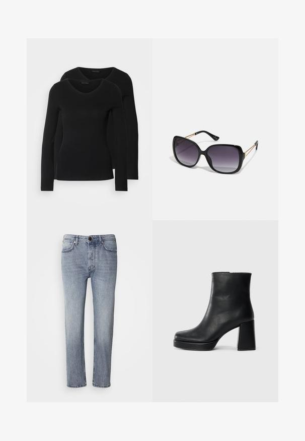 Deux chemises noires à manches longues avec un design en V, fabriquées en tissu doux et extensible, présentant une texture lisse et une silhouette ajustée.; Jean en denim bleu clair avec une coupe décontractée, des jambes droites et une légère décoloration. Comprend une fermeture à bouton à l'avant et cinq poches pour plus de praticité.; Bottine en cuir noir avec un talon bloc et une semelle plateforme, vue de côté sur un fond blanc uni.; Lunettes de soleil noires surdimensionnées avec des verres dégradés, monture épaisse et détails en chaîne dorée sur les branches.