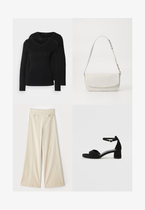 Divi melni krekli ar garām piedurknēm un V-veida kakla izgriezumu, izgatavoti no mīksta, elastīga auduma, ar gludu tekstūru un pieguļošu formas.; Bežīgas plaša kāju bikses ar augstu jostasvietu, kurām ir divas dekoratīvas priekšpuses kabatas un zelta tonī pogas katrā pusē. Gluda auduma tekstūra.; Melni zamša augstpapēžu sandeļi ar šauru potītes siksniņu, atvērtu purngalu un pieticīgu bloku papēdi. Gluda tekstūra un minimāli akcenti.; Balta ādas plecu soma ar gludu virsmu, taisnstūra formā, ar atloku aizdari un regulējamu siksnu. Vienkārša šuvju detaļa.