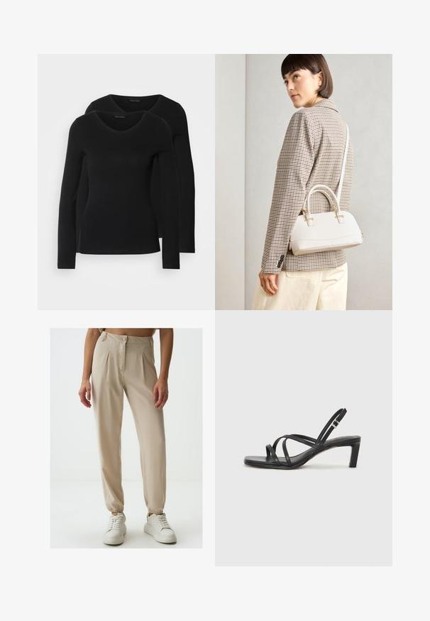 Twee zwarte longsleeve shirts met een V-hals ontwerp, gemaakt van zachte, rekbare stof, die een gladde textuur en een getailleerde vorm laten zien.; Beige geplooide broeken met knoopsluiting, elastische manchetten en een gladde textuur, gecombineerd met witte sneakers op een effen achtergrond.; Zwarte sandaal met bandjes, vierkante teen en een lage blokhak. Voorzien van meerdere dunne bandjes en een verstelbare enkelband. Gemaakt van zacht leer.; Witte gestructureerde handtas met korte handvatten en een schouderband, voorzien van gouden hardwareaccenten en een textuurmateriaal, tentoongesteld tegen een grijze achtergrond.